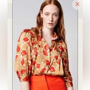 SMYTHE Poppy Print Shirred Pocket Blouse in Red and Tan